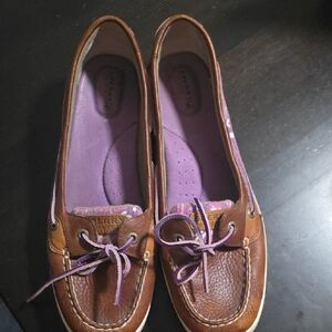 Sperry Women's Brown Leather Moccasins with Purple Lining and Laces